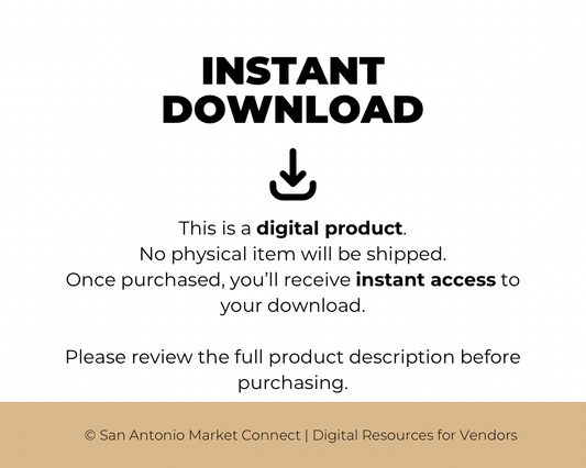 Digital product notice: “Instant Download” card stating that no physical product will be shipped and download access is provided immediately after purchase.
