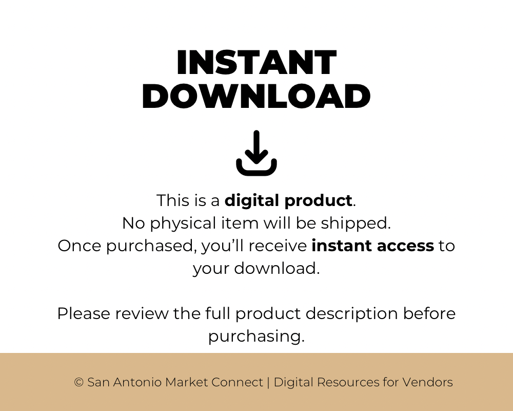 Digital product notice: “Instant Download” card stating that no physical product will be shipped and download access is provided immediately after purchase.
